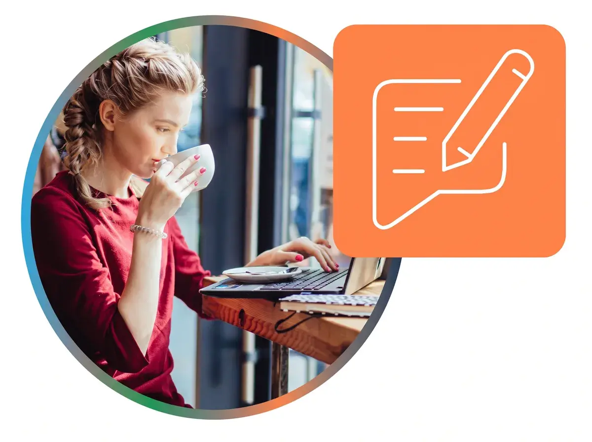 Woman working on laptop with writing icon