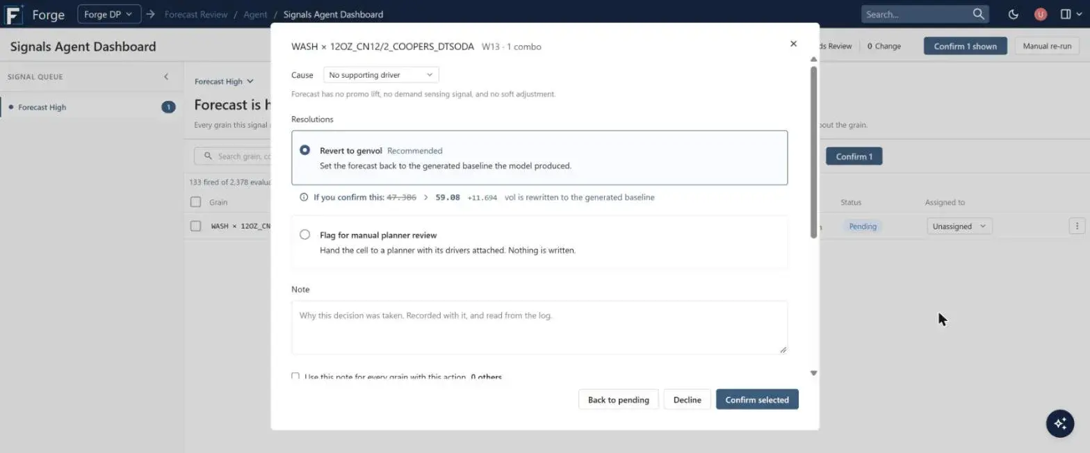 Agent recommendation showing the cause it found, the available resolutions and the exact change before anything is written