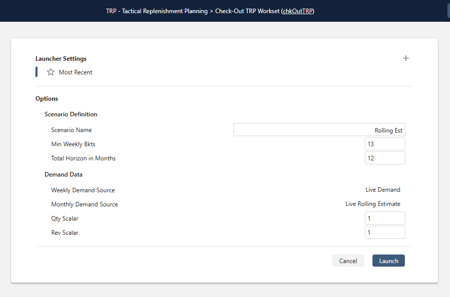 TRP Check-Out TRP Workset launcher showing Scenario Definition and Demand Data settings