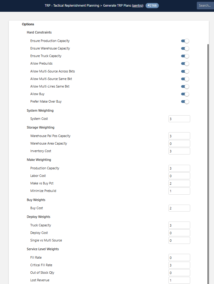 Generate TRP Plans launcher form showing Hard Constraints, System Weighting, Storage Weighting, Make Weighting, Buy Weights, Deploy Weights, and Service Level Weights