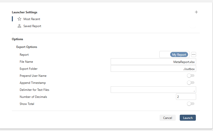 Export Meta Reports launcher form showing export options configuration
