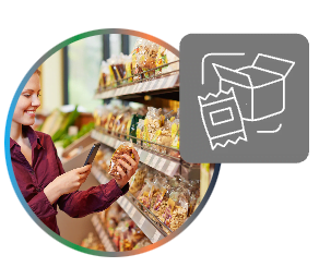 Person scanning product with mobile device in store