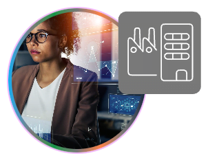 Woman with virtual data visualizations in futuristic setting