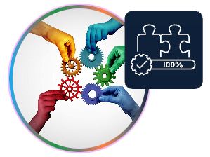 Six differently colored hands hold interlocking mechanical gears in a circle. A neighbouring dark blue box contains puzzle pieces and a gear with a checkmark labeled 100%