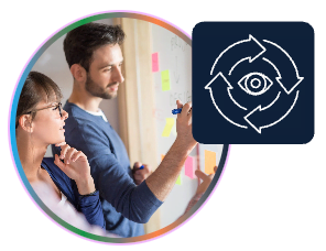 Two people are working together, writing on a whiteboard filled with sticky notes. An icon next to them shows an eye surrounded by circular arrows, suggesting observation or continuous improvement.