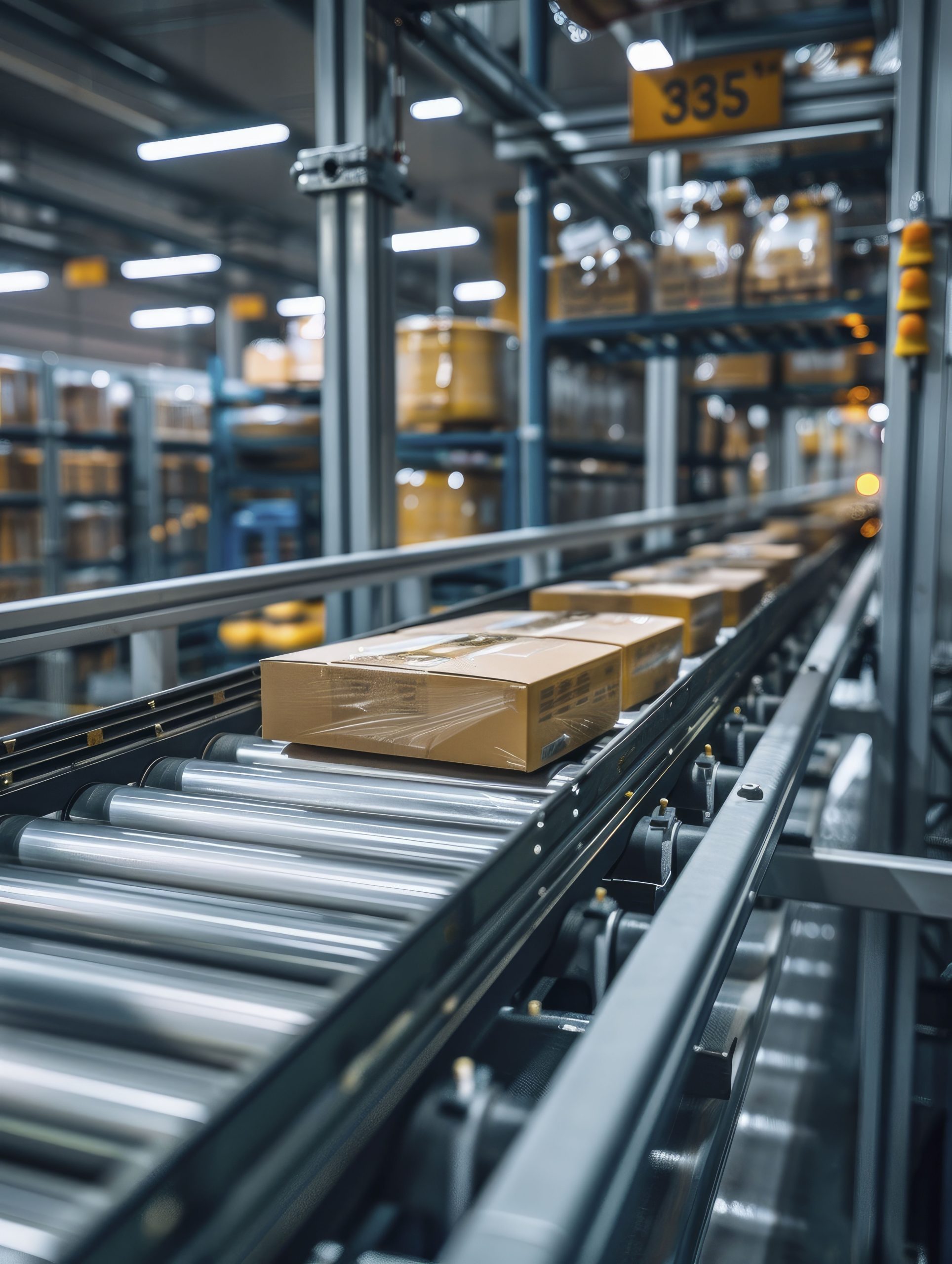 Warehouse with conveyor belt and boxes
