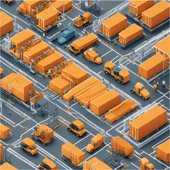 Aerial view of an industrial area with numerous orange shipping containers, trucks, and forklifts in a symmetrical layout. The scene, indicative of the benefits of investing in effective advanced planning solutions, depicts a bustling logistics hub with vehicles organized in orderly lanes and containers stacked in rows.