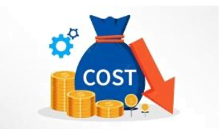 A blue money bag labeled "COST" is surrounded by stacks of coins. Next to it, a large red arrow points downward, indicating a reduction in expenses. A small gear icon and a sprouting plant symbolize the benefits of investing in effective advanced planning solutions for efficiency and growth.