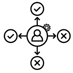 A central icon depicting a person is encircled by four arrows pointing in different directions. To the left and top, the arrows end in check marks, illustrating successful results from investing in effective advanced planning solutions. The downward and right arrows with X marks have a small gear attached to the right.