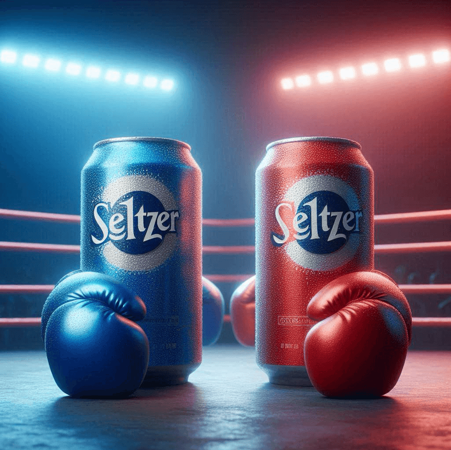 Two cans of seltzer face each other in a boxing ring, with blue and red lighting. Each can is paired with matching boxing gloves, creating a competitive atmosphere.