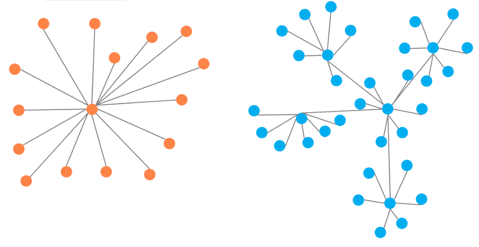 Two network diagrams: On the left, an orange hub with 13 nodes radiating outward. On the right, a blue complex network of interconnected nodes, creating multiple branching paths with varying node density.