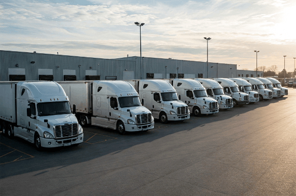 A line of white semi-trailer trucks parked in a lot outside a large warehouse. The sky is partly cloudy with a hint of the sun setting, casting a warm glow over the scene.
