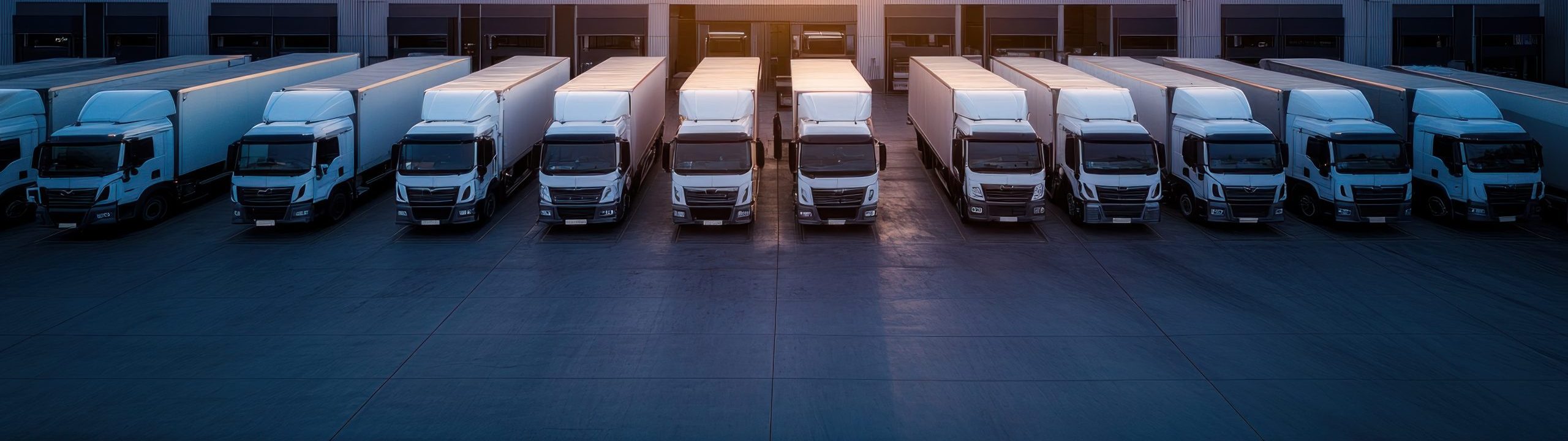 A row of white delivery trucks is lined up in a parking area in front of a large industrial building. The sun is setting in the background, casting a warm glow across the sky.