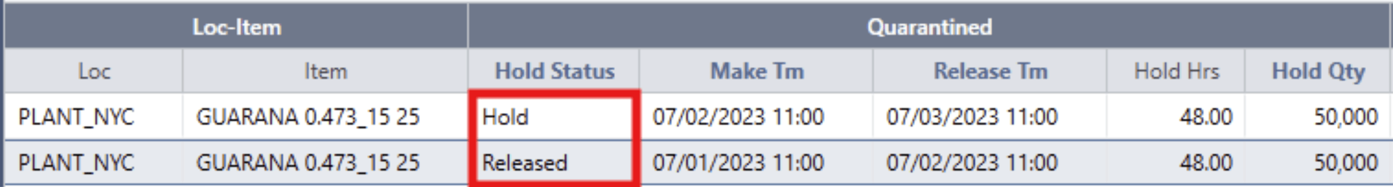 A table displays data on two items: GUARIANA_0473_15128 at PLANT_NYC. Columns include Hold Status (Hold, Released), Make Tm, Release Tm, Hold Hrs (48.00), and Hold Qty (50,000). Hold status is highlighted in red.