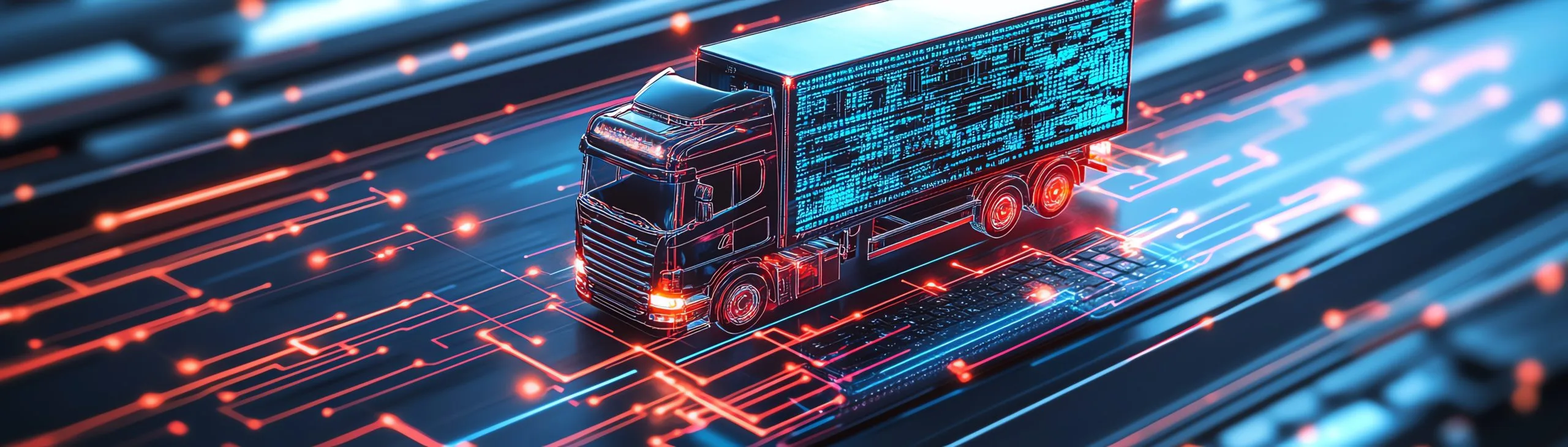 Futuristic semi-truck driving on a digital highway, surrounded by glowing circuit board patterns in red and blue, symbolizing high-tech and innovative transportation.