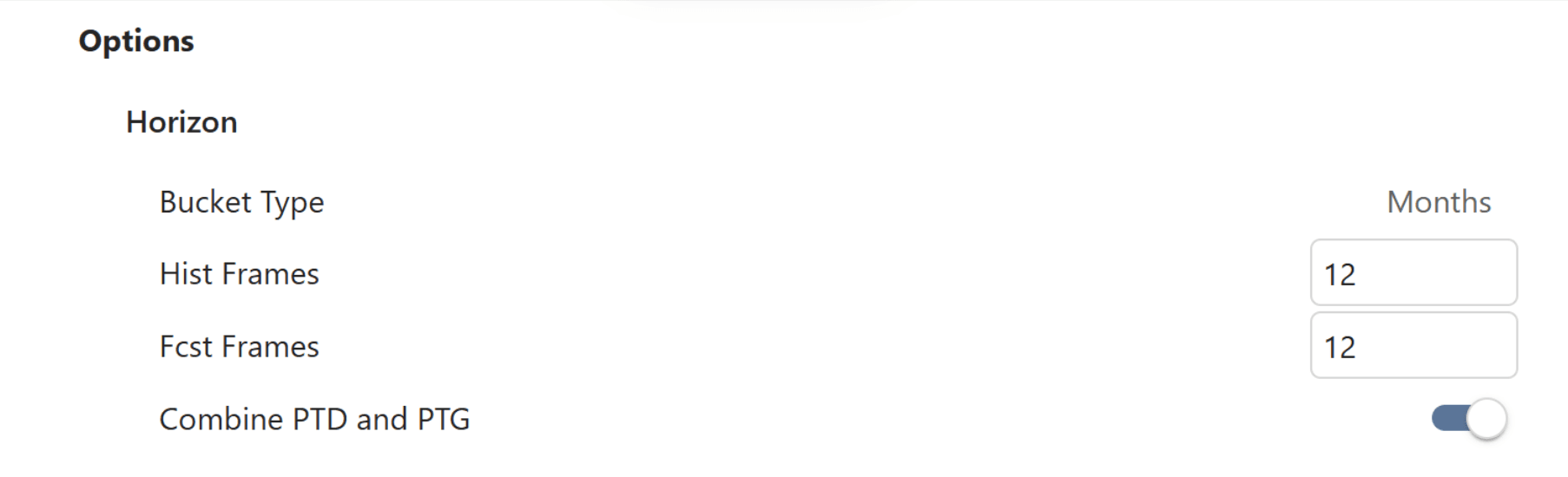A settings panel with options for Horizon. Hist Frames and Fcst Frames both set to 12 months, and a toggle switch for Combine PTD and PTG switched on.