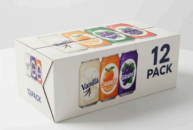A 12-pack box of assorted soda cans featuring vanilla, orange, and grape flavors, with images of the cans and their corresponding fruits printed on the packaging.