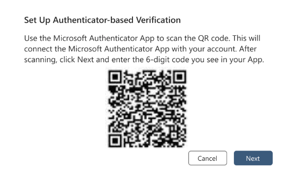 Screenshot showing instructions to set up authenticator-based verification with a QR code to scan using Microsoft Authenticator app