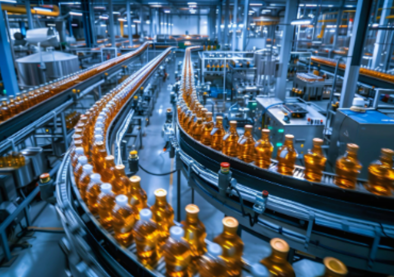 A factory interior with rows of amber-colored bottles moving along automated conveyor belts