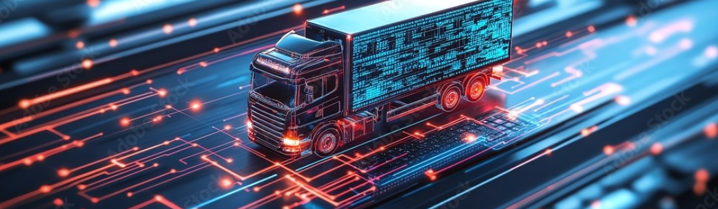 A semi-truck drives on a futuristic digital road, surrounded by glowing circuits and binary code patterns