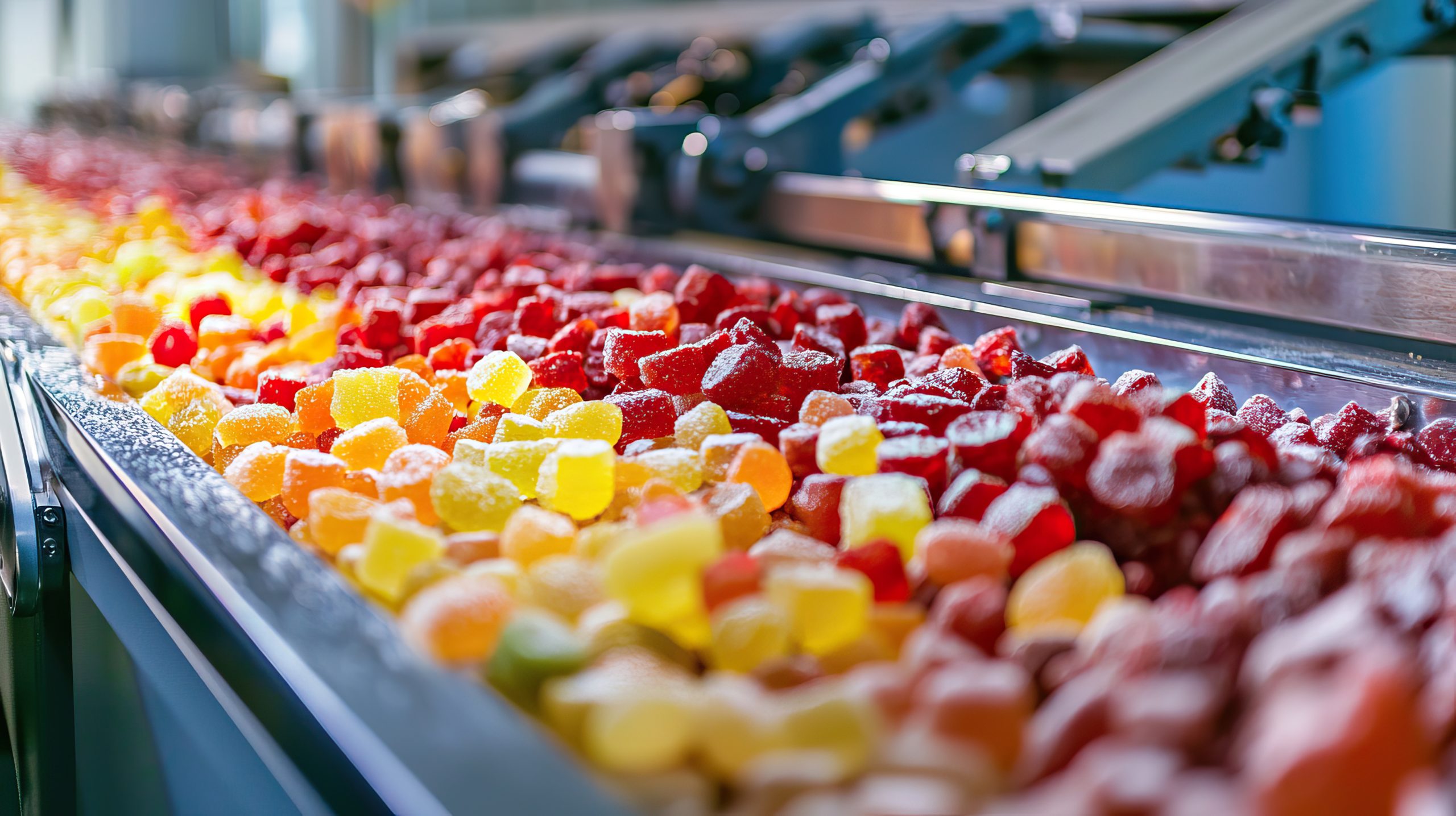 A close-up of colorful gummy candies coated in sugar moving along a conveyor belt in a candy factory.