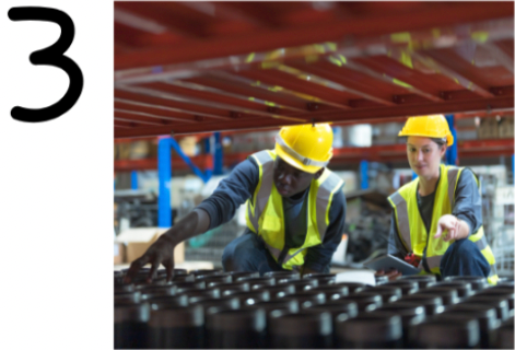 Two workers in yellow safety vests and helmets inspect warehouse rows, demonstrating Sales and Operations Planning. One points ahead while the other holds a device. A large number "3" is displayed on the left side of the image.