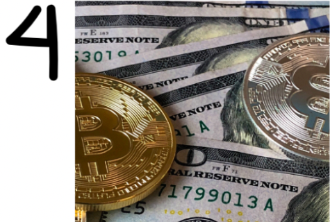 Gold and silver Bitcoin coins are placed on top of U.S. hundred-dollar bills, with the number "4" handwritten in black on a white strip to the left, suggesting a link between cryptocurrency value and Sales and Operations Planning.