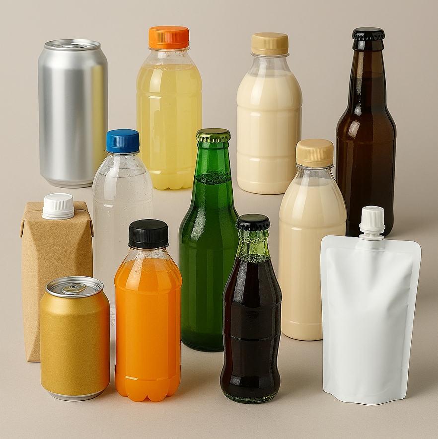 A variety of beverage containers, including plastic bottles, glass bottles, cans, a cardboard carton, and a white pouch—showcasing optimizing material usage in beverage manufacturing—are displayed upright on a neutral background with different colored liquids.