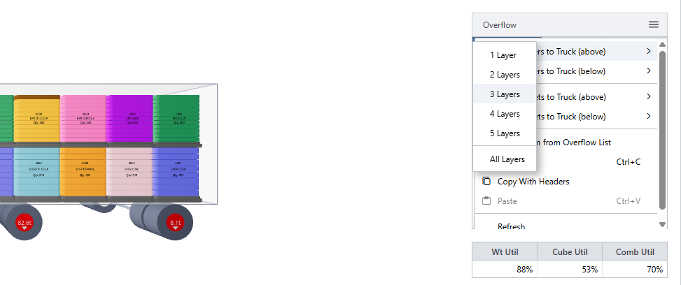 A digital interface shows a truck loaded with colorful cargo layers on the left, and an overflow menu on the right