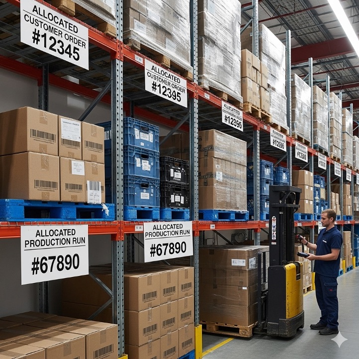 A warehouse worker operates a forklift near tall shelves stacked with boxes, some labeled with large signs indicating "ALLOCATED CUSTOMER ORDER #12345" and "ALLOCATED PRODUCTION RUN #67890.