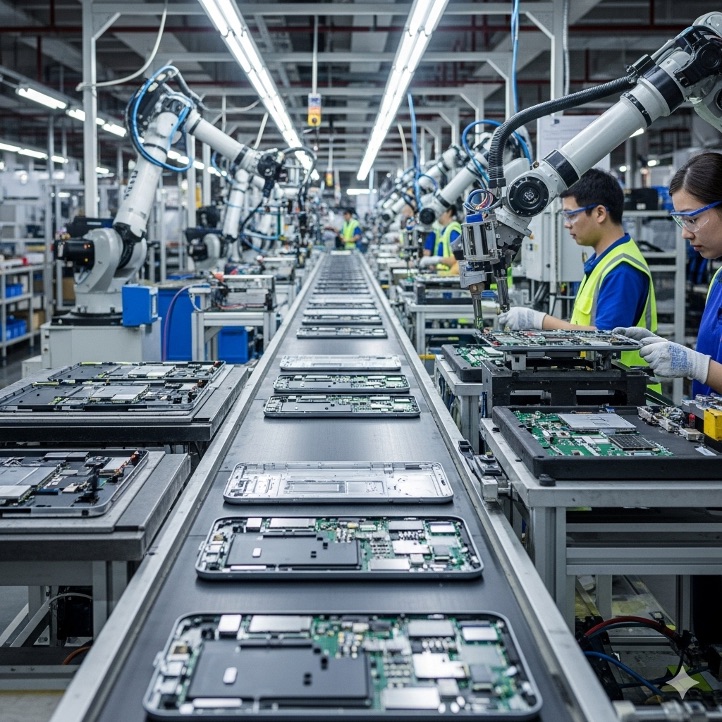 Rows of workers and robotic arms assemble electronic devices on a modern factory production line, with circuit boards and device parts laid out on conveyor belts under bright lighting.