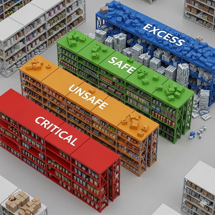 A warehouse with four color-coded storage shelves labeled: CRITICAL (red, nearly empty), UNSAFE (orange, low stock), SAFE (green, well-stocked), and EXCESS (blue, overstocked and overflowing).