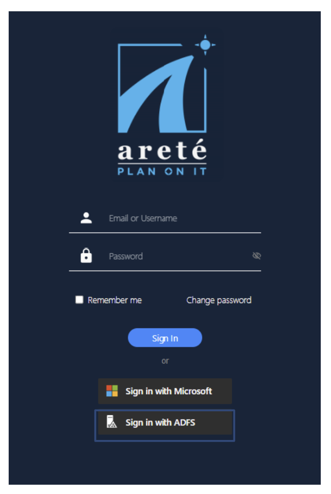 ADFS Login page for Areté