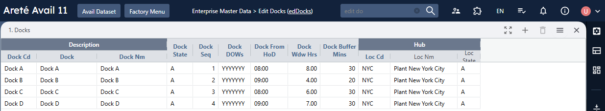 Dock management system showing dock codes and details