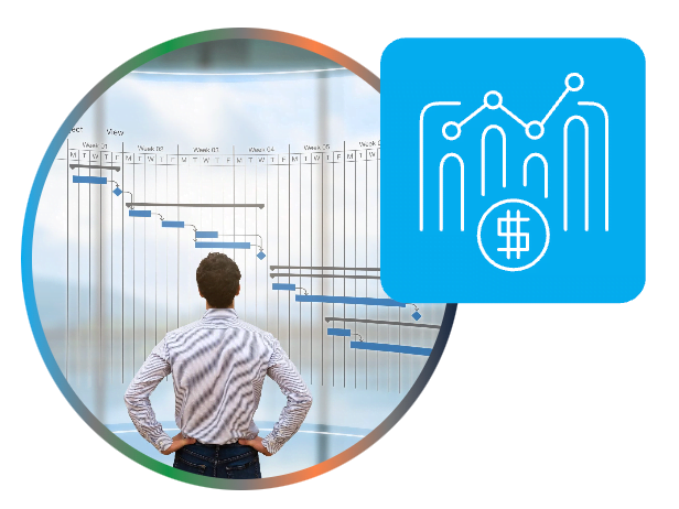 A person stands in front of a large Gantt chart, analyzing the progress of multiple tasks spread over months. A blue icon on the right features stylized graphs and a dollar sign, representing financial data and trends.